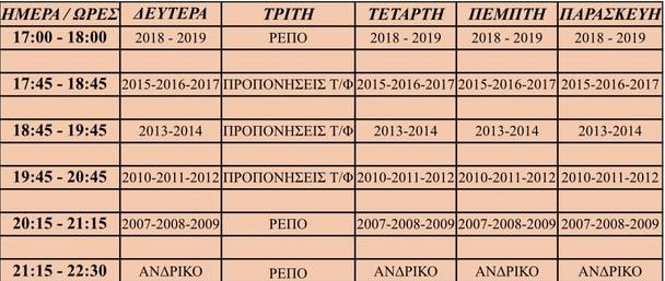 Πρόγραμμα προπονήσεων ΑΟ Γλυφάδας σεζόν 2024/25